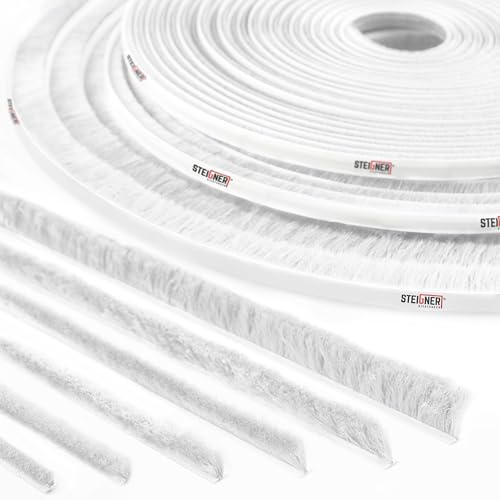 STEIGNER Bürstendichtung selbstklebend Weiß 7 mm x 5 m - Robuste Türbürstendichtung für Schiebetüren, Innentüren - Fensterdichtung, Zugluftstopper, Insektenschutz
