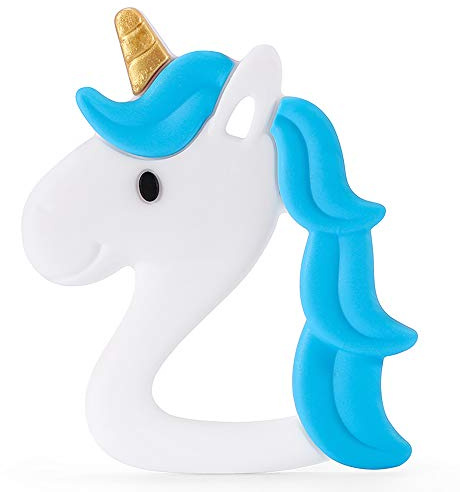 PREMYO Einhorn Beißring für Babys Kühlend - Zahnungshilfe aus Silikon BPA Frei Weich - Lindert Schmerzen beim Zahnen - Blau