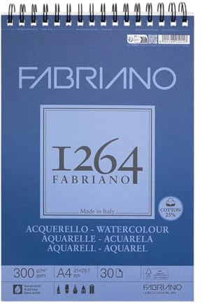 Fabriano Honsell Watercolour 19100649 - Blocco da disegno a spirale 1264, 300 g/m², formato DIN A4, 30 fogli, carta satinata bianca naturale, con acido grana media, per tutte le tecniche di