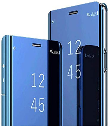 Jacyren Kompatibel mit Samsung Galaxy A21S Hülle, Leder Hülle Flip Case Galaxy A21S Spiegel Handyhülle Schutzhülle 360°PC Transluzent View Miroir Stoßfest Cover Ständer Funktion Tasche A21S (Blau)