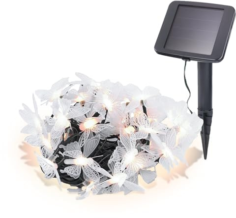 Esotec Lichterkette außen Solar Schmetterlinge, Deko warmweiß 30 LED 102183 | 30 warmweiße LEDs mit 3000K, bis 10Std. Leuchtdauer, Dauer- oder Blinklicht, Kabellänge 11m, Leuchtlänge 9m, Gartenlichter