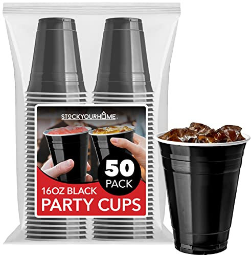 16-Ounce Plastic Party Cups in Black (50 Pack) - Disposable, Recyclable Black Cups with Fill Lines - Perfect for Drinks, Soda, Punch, Barbecues, Picnics - Stock Your Home