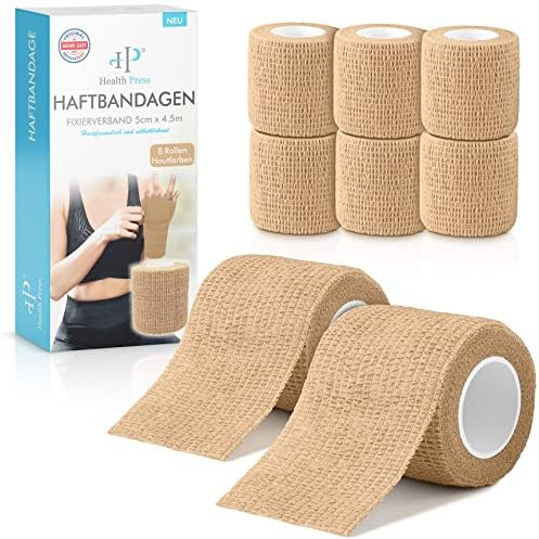 Health Press Selbstklebender Verband – 8x Pflaster Rolle (5cm x 4,5m) – Haftbandage Selbstklebend – Elastische Bandage – Wasser-, Staub-, Fett- & Schmutzabweisendes Verbandsmaterial (Beige, 8 Rollen)