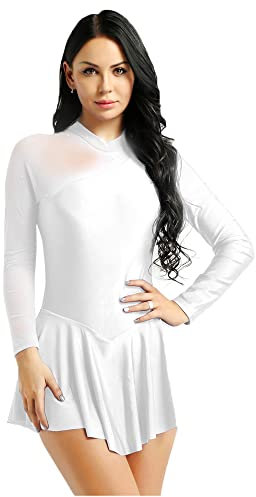 CHICTRY Eiskunstlauf Kleid Damen Glitzer Strass Langarm Ballettkleid Mesh Patchwork Trikot Turnanzug Mit Asymmetrisch Rock Tanzkleid Wettbewerb Kostüm Weiß B M
