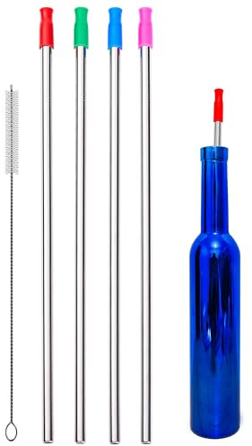 Wobye 4 Stück 35,6 cm extra lange 0,8 cm große, breite wiederverwendbare Edelstahl-Metall-Trinkhalme mit Reinigungsbürste und Silikonspitze für 128 100 75 64 1134 ml große Wasserflasche, hohe Becher