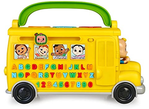 Famosa COCOMELON CCM08102 Lernbus, gelber Bus mit Lichtern, Musik und Geräuschen, um Buchstaben und Zahlen zu Lernen, Lernset für Kinder im Vorschulalter