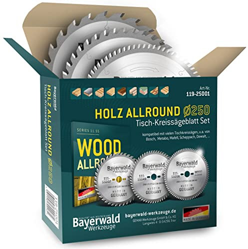 HOLZ ALLROUND Bayerwald Tischkreissägen-Set Ø 250 (3 tlg.) - für Holz Längsschnitt/Tischlerplatten/Holz Querschnitt etc. - Kompatibel mit Handkreissägen u.a. für Bosch PTS 10. Metabo TS 254 KS 254
