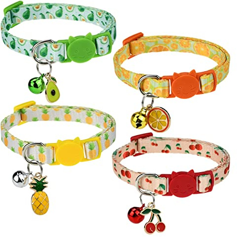 Vehomy 4-teiliges Katzenhalsband, Ananas, Kirsche, Avocado, Orange, Muster, Katzenhalsband mit Sicherheits-Schnellverschlüssen, Abreißhalsbänder für kleine Haustiere mit Glöckchen für Kätzchen