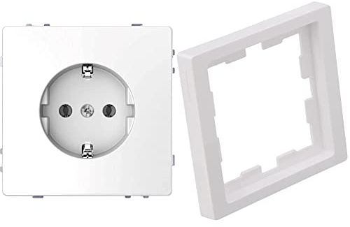 Merten MEG2301-6035 | Schuko Steckdose | System Design Serie | 16A - AC 250 V - Weiß | Made in Germany & Merten MEG4010-6535 | Abdeckrahmen | M-Creativ Design| 1-fach| ABS - 90 x 90mm - Weiß