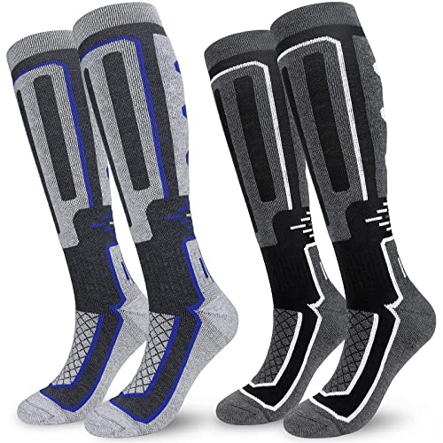 KOOOGEAR 2 Pairs Merino Wool Ski Socks Men,Thermal Knee High Ski Socks Men UK 9-12,Winter Warm Anti Blister Cushioned Athletic Socks for Skiing,Snowboard,Trekking,Camping