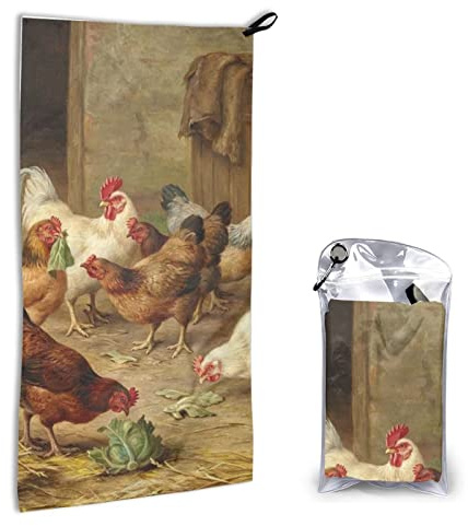 AROONS Schnell trocknendes Handtuch mit Tasche – Braten Huhn Hen Farm bedrucktes super saugfähiges Gesichtstuch Mikrofaser Reise-Sporthandtücher 40 x 80 cm