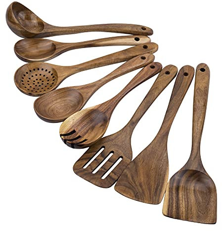 GUANKE Wooden Cooking Utensils Set Japanese Style Wood Utensil Set Non-Stick Pan Wood Spoons and Spatula Cookware for Home Everyday Use &Kitchen Tools (8 Piece)