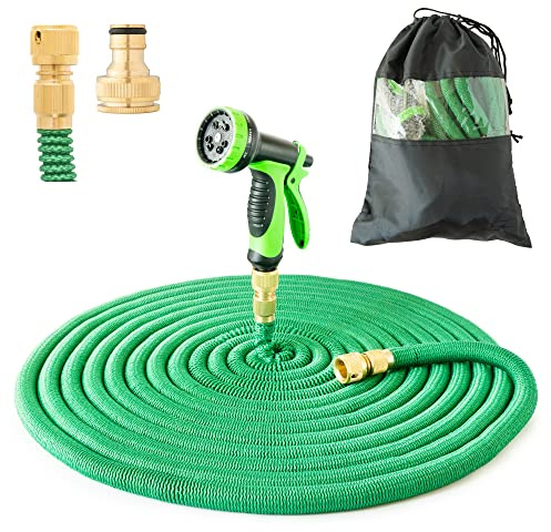 15m (50ft) Expandable Garden Hose - Flexible Garden Hose Expands up to 15m (50ft) - Lightweight, Brass Connections, 10-Function Spray Gun, Storage Bag - 100% Latex Core, 3300D Exterior