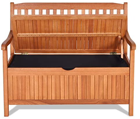 SPORFIT Foldable Outdoor Bench, Garden Bench w/High Back & Armrest, Acacia Wood Bench, 4 FT 2-Person Loveseat Chair for Front Porch, Patio, Backyard & Balcony, Teak Finish (w/Storage, Natural)