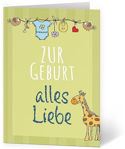 XXL Glückwunschkarte (A4) zur Geburt niedliche Giraffe - hochwertige Klappkarte | Große Design Maxi Karte Grußkarte Glückwunsch mit Umschlag Geboren Baby Eltern