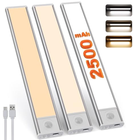 skelo Schrankbeleuchtung LED mit Bewegungsmelder 20cm Unterschrank Beleuchtung, 3 Farben 6000K und 2500mAh Unterbauleuchte Kabellose Lichtleiste USB Küche Treppe (3 Stücke)