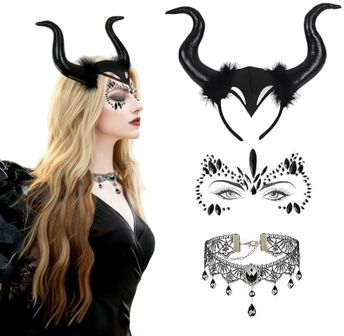 Accessoire d'Halloween pour femme - Cornes de diable - Costume de sorcière d'Halloween avec collier en dentelle gothique rétro - Accessoires de serre-tête - Costume de carnaval de rue - Bandeau de