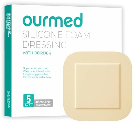 Ourmed Silicone Foam Dressing with Border Adhesive - Large Absorbent Waterproof Bandage for Wound Care, Foot Diabetic Ulcer, Leg Ulcer, 4 x 4, 5 Pack