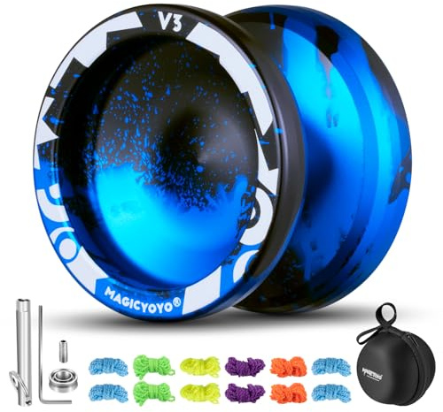 MAGICYOYO V3 Responsive Yoyo for Kids Beginners , Professional Yoyo for Adult, Dual Purpose Metal Yo-Yo with Replacement Bearing + 12 Yo-yo Strings, Bearing Removal, Axle, Case Bag (Black Blue)