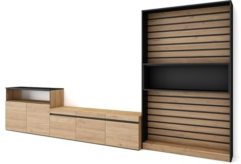 Skraut Home | Wohnwand Wohnzimmer | Wohnzimmermöbel, Möbelset | 360x186x35cm | Für TV-Geräte bis zu 65 | Wohnzimmer Möbel | Moderner Stil | Eiche Schwarz