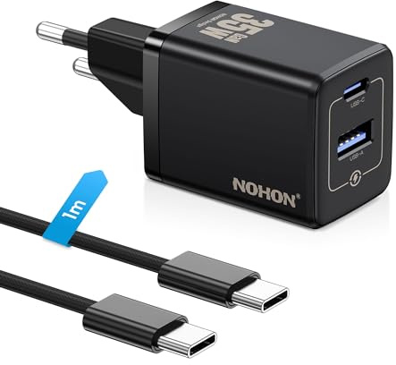NOHON 35W Cargador USB C：Enchufe USB C de 2 Puertos PD+QC con Cable Typ-C de 1M, GAN Cargador USB C Carga Rapida Compatible con iPhone 17/16/15/15 Pro/15 Pro Max/14/13/12, Samsung Galaxy, iPad