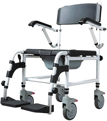 CAFIEDR Toilettenstuhl für Dusche, Nachttisch, gepolsterter Sitz mit Rollen, Toilettenstuhl mit Rollen und Pedal, ältere Menschen