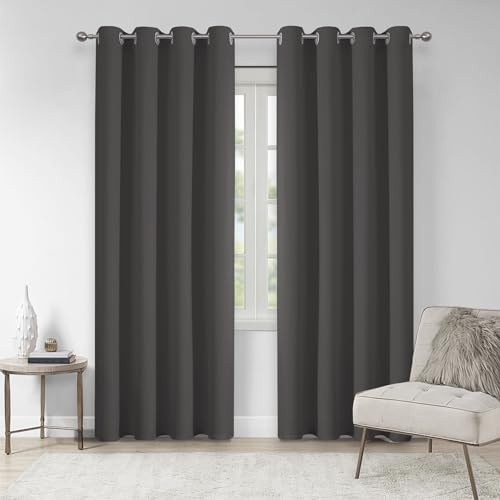 VEHEDE Dark Grey Thermal Insulated Blackout Curtains for Bedroom, Eyelet Curtains for Living Room, Soft Soundproof Curtains & Drapes 90 Long Drop Pair, W55 x L90 Inch, Dark Grey, 2 Panels