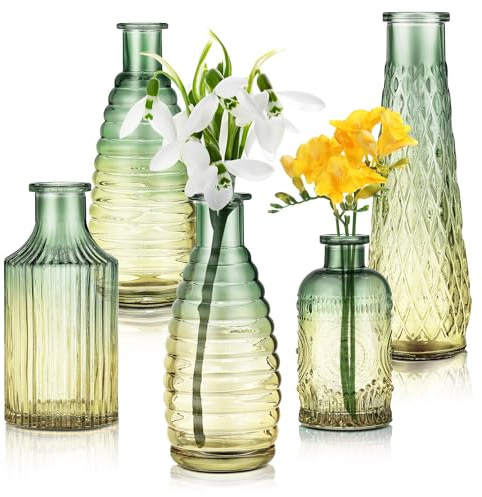 Joeyan 5er Set Kleine Vase Bunt für Tischdeko Vintage, Grün-Gold Farbverlauf Glasvasen, Mini Geprägte Tulpenvase, Blumenvase für Einzelne Rose, Hochzeit,Party,Wohnzimmer Dekor Knospenvase Geschenk