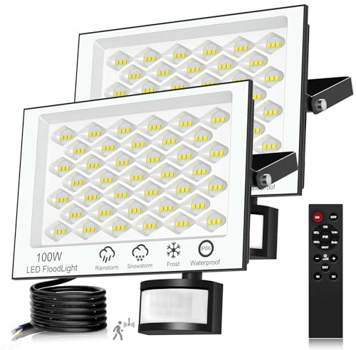 wowspeed Außenbeleuchtung mit Bewegungsmelder – 100 W, 10000 lm, LED-Außenstrahler mit Fernbedienung, dimmbar, 6500 K, Kaltweiß, LED-Spot für den Außenbereich, IP66, wasserdicht, Außenstrahler für