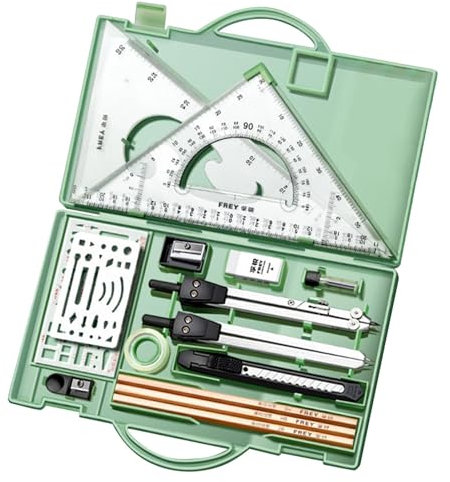 Set di 16 geometria professionale con righelli metallici, set con righello triangolare, Compasso e goniometro, matite da disegno, accessori da disegno