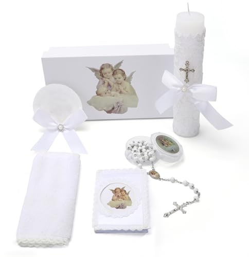 Baptism Candle Set for Boys and Girls,5 PCS Baptism Kit Catholic Candle,Baptismal Towel,Shell,Rosary,Bible for Baby Dedication Christening Gift,Velas para Primera Comunión De Niño Bautizo De Niña