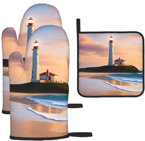 YYHHAOFA Lot de 3 gants de cuisine imperméables et durables pour four et manique pour isolation thermique Motif phare de plage