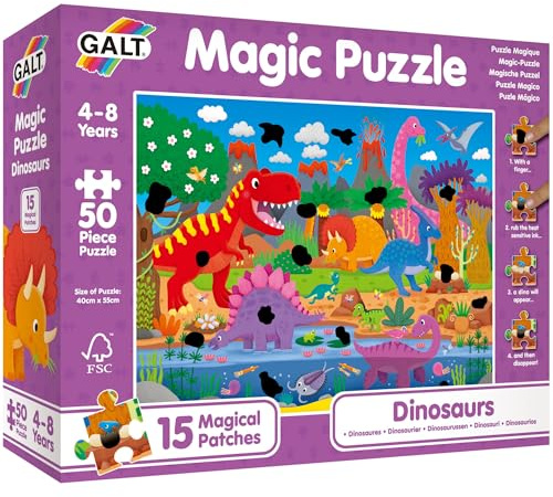 GALT Magic Puzzle Dinosaurs - Fun Colourful 50 Piece Jigsaw Puzzle for Kids | 15 Magical Rub & Reveal Patches - Dino Puzzle with Cute Prehistoric Characters - For Children Ages 4 to 8 Years - 40 x 55 cm