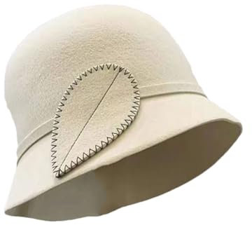 OLSKFUH Damen Wintermütze Aus Wolle, Einfarbig, Warm, Mit Blättern Verziert, Glockenhut, Bowlerhut Für Kirchenpartys,White-One Size