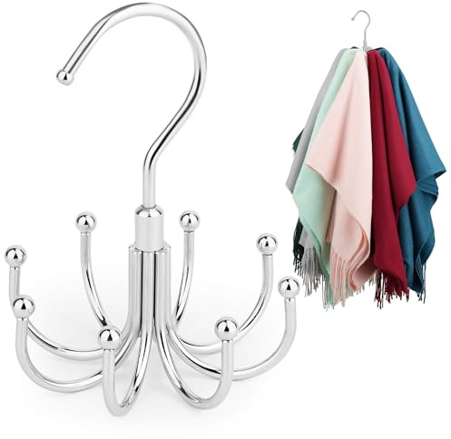 ZEDODIER Scarf Organizer Scarf Hanger for Closet, Rotatable Sturdy Hijab Holder Holds 8 Scarves, Metal Space Saving Closet Organizers and Storage, Silver