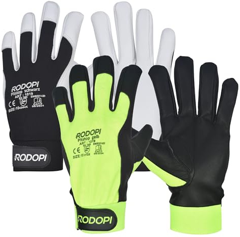 RODOPI Mechanikerhandschuhe „Pitstop“ – Rindvollleder Arbeitshandschuhe EN 388 (3122) – Perfekter Grip & Schutz – Erhältlich in Schwarz & Gelb, Größen 8-11