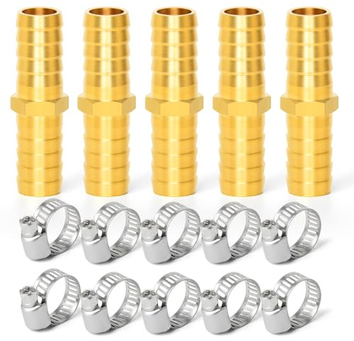 GASHER 5 Stück Messing Schlauch Barb Reducer, 4mm Zoll auf 4mm Zoll Barb Schlauch ID mit 10 Schlauchschelle, Messing Barb Reducer SPLICER Fitting Kraftstoff/Luft/Wasser/Öl/Gas/WOG