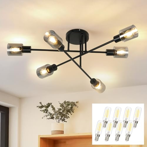 Kowanie Deckenlampe Vintage 6 flammig: Industrial Wohnzimmerlampe Schwarz Deckenleuchte Wohnzimmer retro Kronleuchter aus Glas Deckenbeleuchtung inkl. 8 × E14 2700K Leuchtmittel für Küche