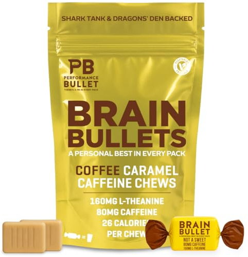160mg L-Theanine + 80mg Caffeine Chews – Coffee Caramel Flavour, Increases Productivity, Mental Clarity, Alertness | 1 Bag - 40 Servings | Brain Bullet | Energy Gum & Focus Gummy Upgrade