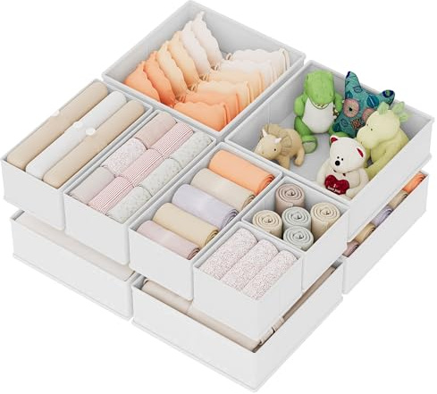 XIVIRACK 10 Pack Drawer Organizer for Clothes, Underwear Drawer Organizer Bins, Foldable Fabric Closet Storage Organizers, Drawer Dividers for Bras Undies Socks Ties, White