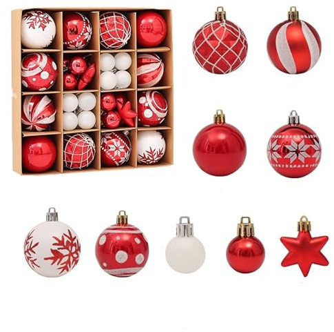 RUIYWEN 42 Stück Weihnachtskugeln Kunststoff 3cm 6cm Dekoration Weihnachtsbaum Weihnachtskranz Christbaumkugeln Festdekoration (Rot und Weiß)