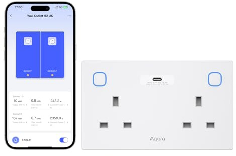 Aqara Wall Outlet H2 UK,Matter over Thread,Double Socket | 20W USB-C, Energy Monitoring & Automations, Voice & App Control, Required Aqara Zigbee Hub, Supports HomeKit, Alexa, Google