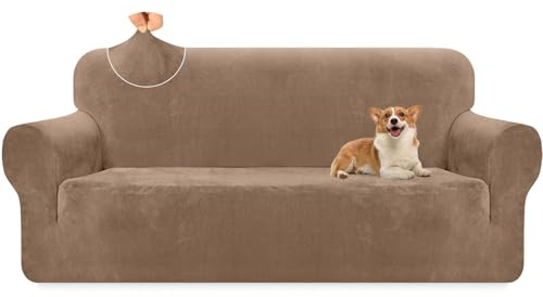Granbest Luxus Dicke Samt Sofabezug 3 Sitzer Hochelastischer Couchbezug Ski-freundlich 4 Jahreszeiten Universal Sofa Schutz für Haustiere und Kinder (3 Sitzer, Kamel)