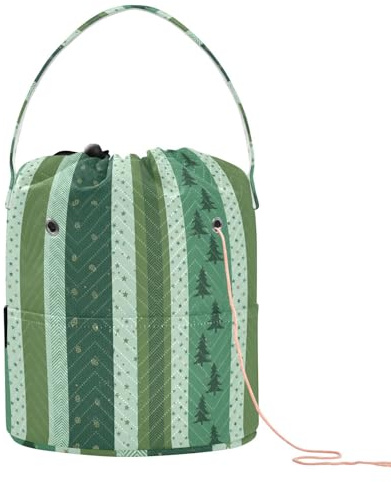 GuoChe Weihnachtliche grüne gestreifte Baum-Tannenzapfen-Stern-Häkeltasche, Häkeltasche, Tragetasche, tragbare Reisetasche für Nadelhalter, Strickzubehör