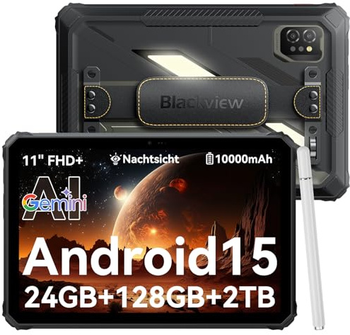 Blackview Active 7 Outdoor Tablet 11 Zoll Rugged Tablet Android 15,Dual 4G+5G WiFi 45W 10000mAh GeminiAI 20MP Nachtsicht Campinglicht 24 GB RAM+128 GB ROM+2 TB TF NFC/PC Mode/GPS/OTG/mit Stylus Stift