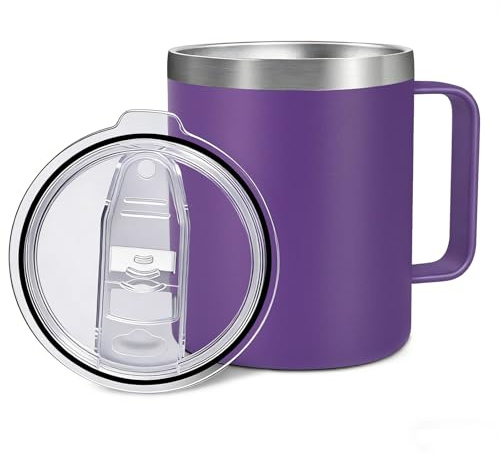 Byitin Termomugg, 360 ml kopp med handtag av rostfritt stål, kaffemugg för kaffe to Go med läckagesäkert lock, isoleringsmugg för kontor, utomhus, vandring och camping (lila)