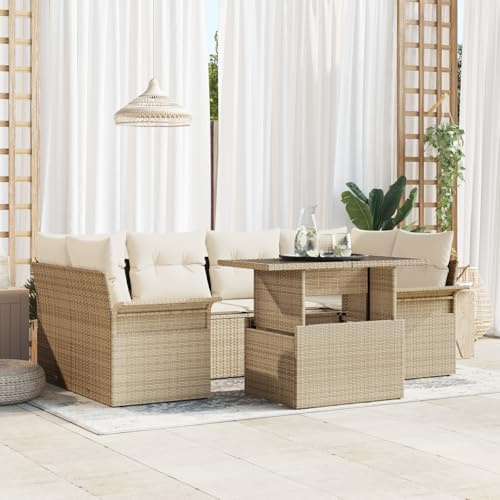 IBUQDDV 7-teiliges Garten Sofaset mit Kissen Beige Poly Rattan, Wetterfeste Outdoor Sitzgruppe mit Modularem Design für Balkon und Terrasse, Bequeme Polsterauflagen, Langlebiges