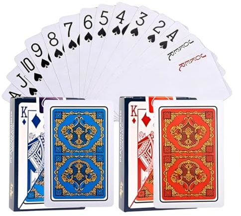 FHRYNA 2 Mazzi di Carte da Poker Professionali in Plastica Impermeabile, Rosso e Blu, per Giochi di Carte (52 Carte + 2 Jolly per Mazzo)