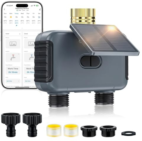 Mcbazel Timer Irrigazione Solare WiFi a 2 Zone, Centralina Smart con Ricarica Solare e USB-C, Programmatore Irrigazione con Ritardo Pioggia, Automatica/Manuale, IP55 Impermeabile