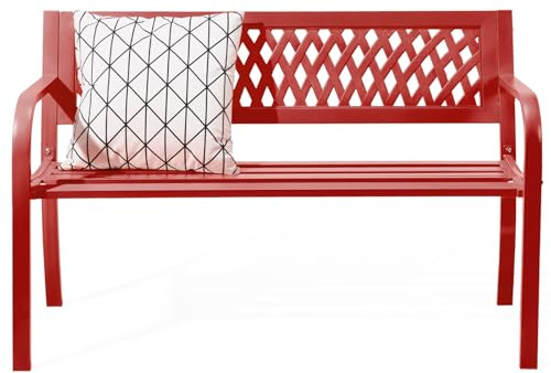 Bonnlo Gartenbank Metall, wetterfeste Sitzbank für 2-3 Sitzer, Essbank mit PVC-Mesh Rückenlehne, Gartenmöbel bis 360kg belastbar, Bänke für Garten Balkon Hof, 120 cm (Rot)
